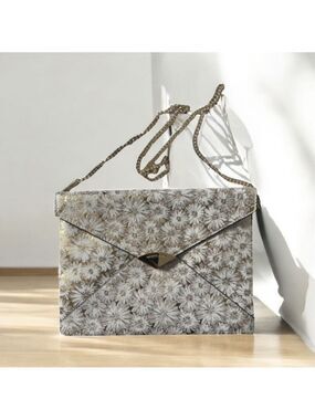 Michael Kors Silver & White Floral Barbara Clutch with Silver Chain